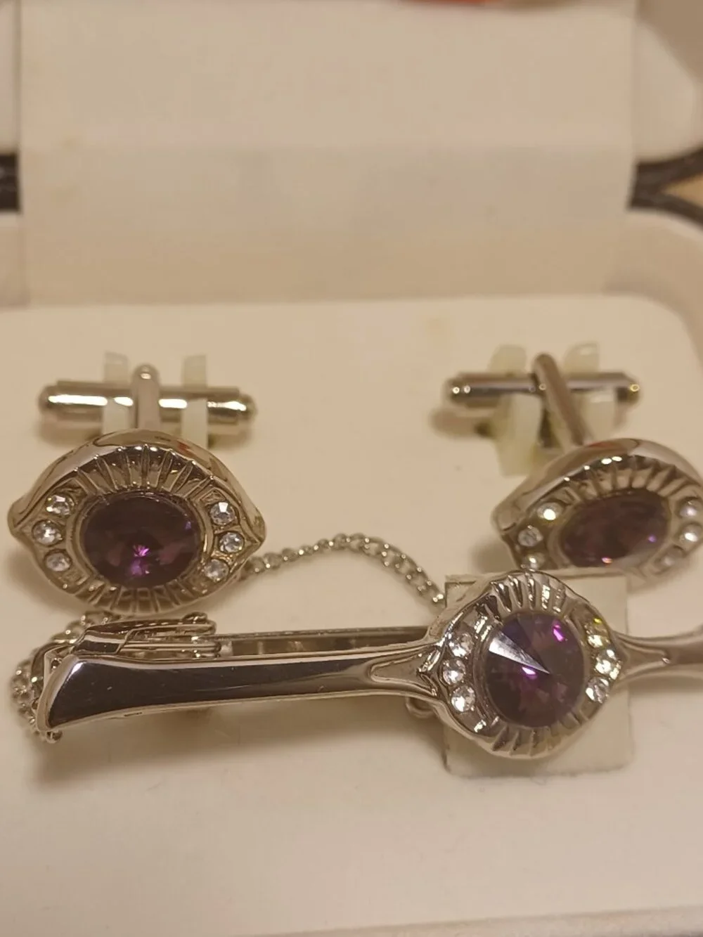 Vintage Glass and Rhinestones Cuff Links with Tie -Clip